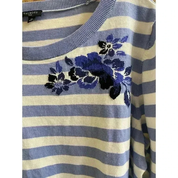 Talbots Womens Blue & White 3/4 Sleeve Striped Floral Knit Sweater Plus Size 1X - Picture 3 of 9